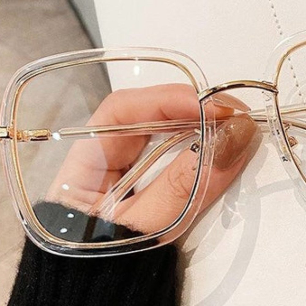 OVERSIZED SQUARE FRAME GLASSES-CLEAR AND GOLD